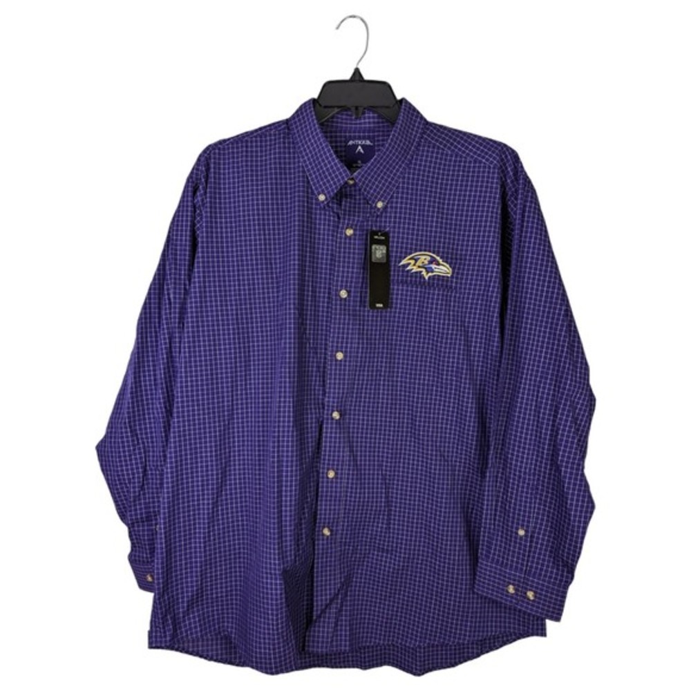 Mens Baltimore Ravens Antigua‎ Purple Plaid Long Sleeve Button Down Shirt XL